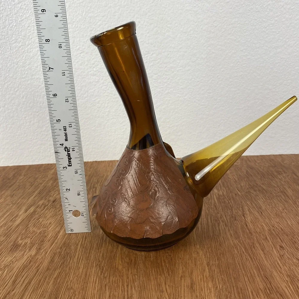 Vintage Spanish Amber Glass Porron Wine Decanter Leather Wrapped Recuerdo Espana